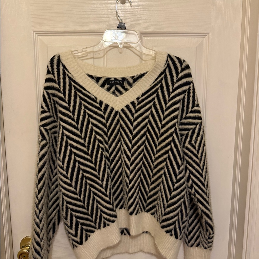 Love Token Black and Cream V-Neck Sweater